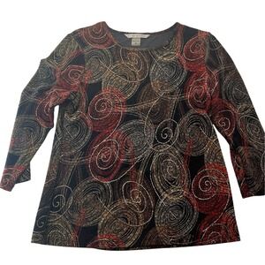 Peter Nygard Top Blouse Black Red Gold Swirls Long Sleeve Womens Size M‎